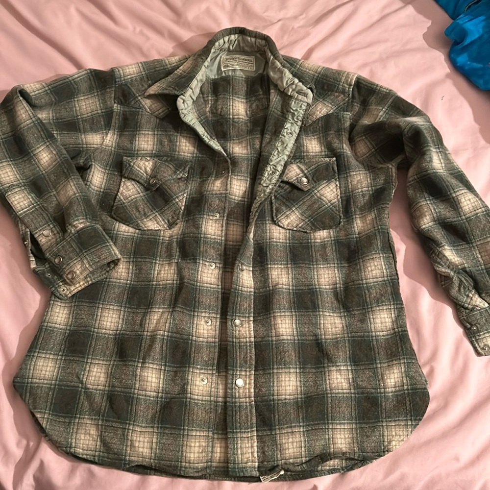 Vintage Pendleton 100% virgin wool green grey cream plaid shirt, Youth Large